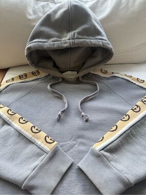 Gucci Gray Hoodie with Beige Logo Tape Accents